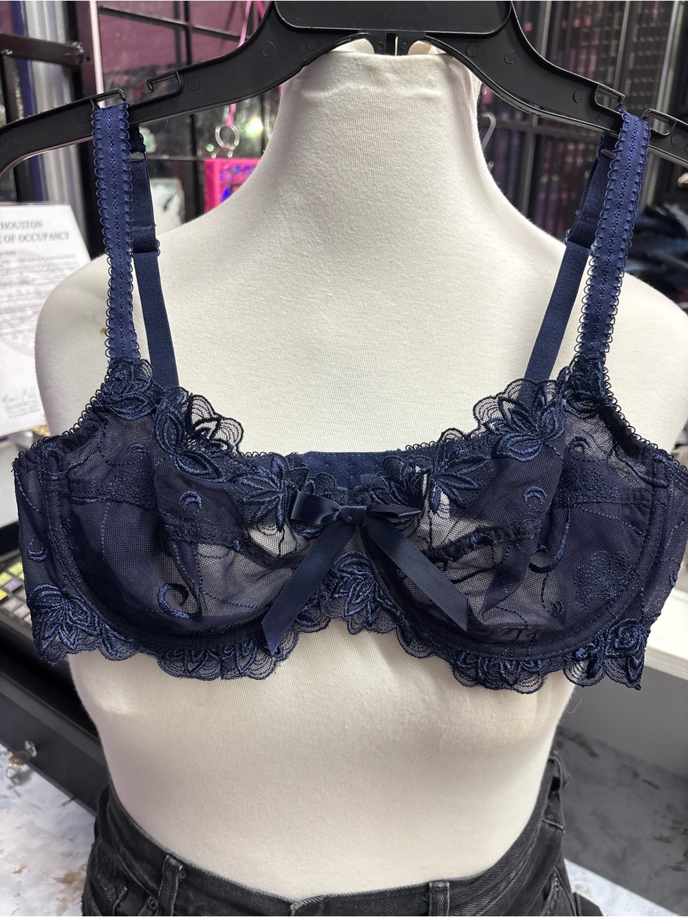 Temptations Navy Sheer Lace Underwire Bra with Center Bow